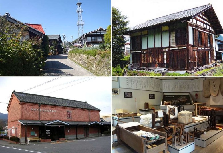 左上：中之条町六合赤岩伝統的建造物群保存地区/右上：永井流養蚕伝習所実習棟/左下：旧小幡組製糸レンガ造り倉庫/右下：甘楽町の養蚕・製糸・織物資料