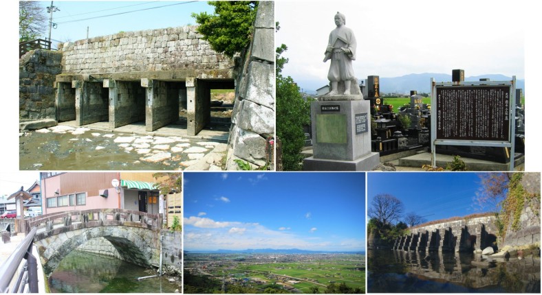 左上：石工たちが築いた「大鞘樋門（殻樋）」／ 右上：石工「岩永三五郎」の墓 左下：岩永三五郎架設と伝わる「鑑内橋」／中央下：干拓によってもたらされた「八代平野」／右下：干拓地に残る「旧郡築新地甲号樋門」