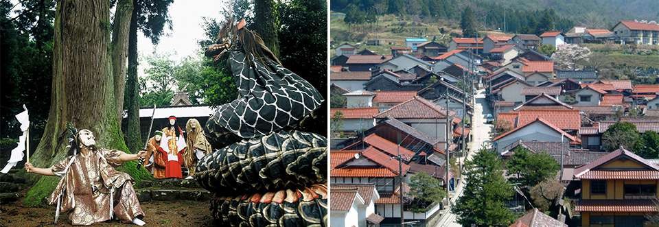 左：ヤマタノオロチ退治の神話を伝える神楽/右：今も残る 鉄師が暮らした街並み