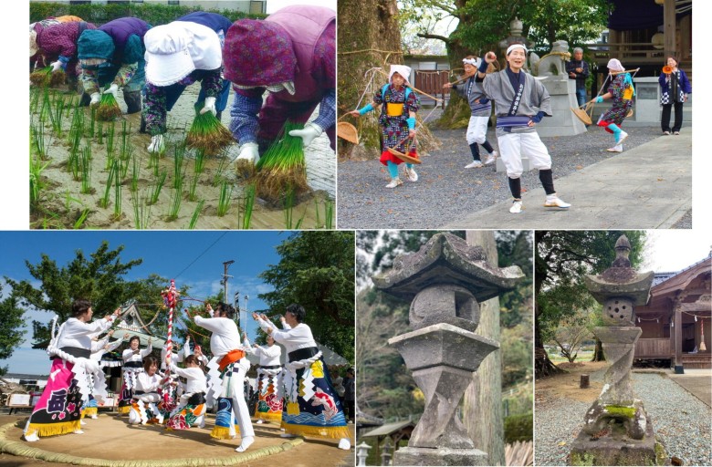 左上：い草の田植え／ 右上：干拓民謡「大鞘節」 左下：干拓地で披露される「女相撲」／中央下：石工の郷に残る「ひねり灯籠(若宮神社)」／右下：石工の郷に残る「ひねり灯籠(菅原神社)」