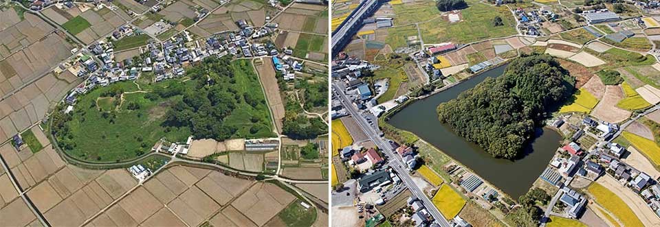 左：国内第4位の巨大古墳 造山古墳（岡山市）/右：水で取り囲まれた両宮山古墳（赤磐市）