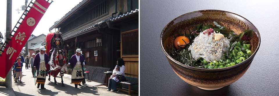 左：顯國神社の祭礼/右：しらす丼