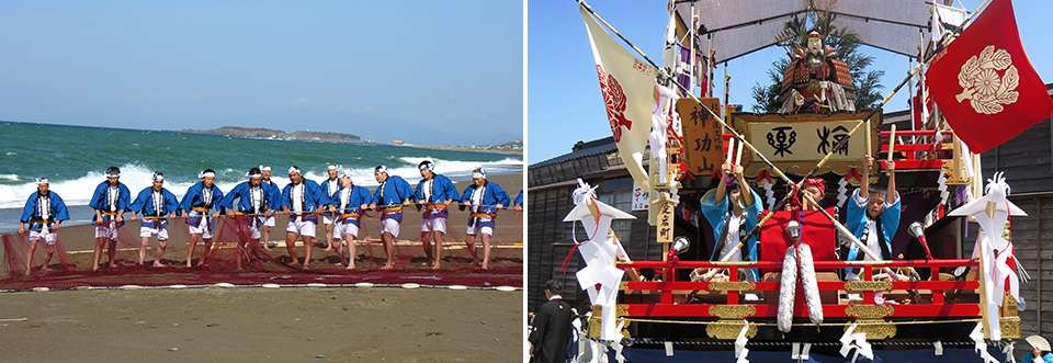 左：ニシン漁の様子を伝える江差沖揚音頭 /右：繁栄により豪華になっていた祭礼