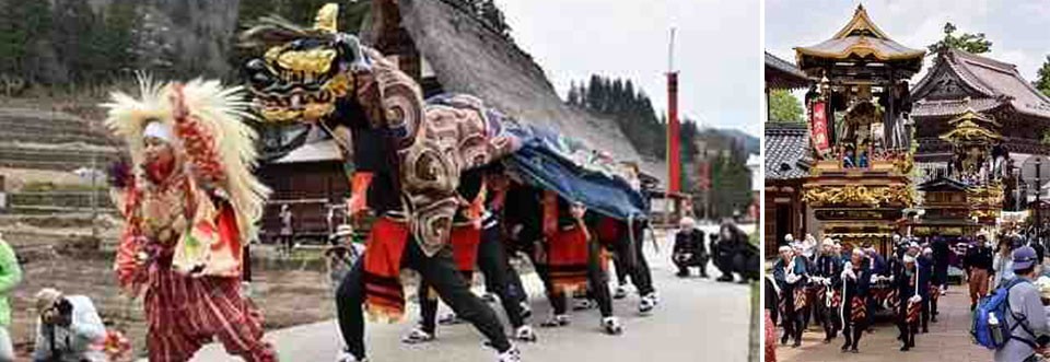 左：五箇山合掌造り集落の獅子舞/右：城端曳山祭の曳山