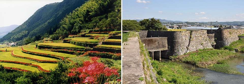 左：山間：山鹿・番所地区の棚田/右：海辺：5.2km連なる旧玉名干拓施設の一部