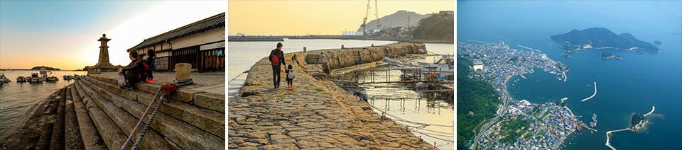 左：これだけの｢雁木｣が残る港は鞆の浦だけ/中：鞆の浦を守るように港を包み込む｢波止｣/右：空から見た鞆の浦