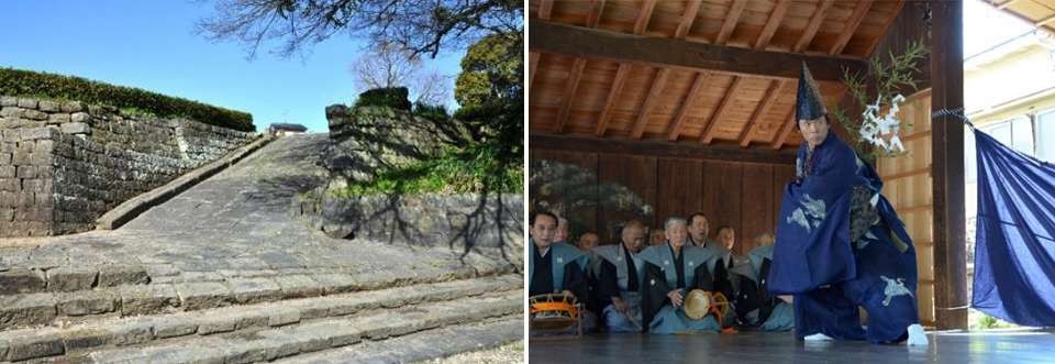 左：高瀬船着場：船へ向かって米俵を転がす/右：五穀豊穣を祈る松囃子