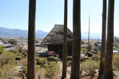 御堂の裏手からは茅葺き屋根と空が織りなす、開放感のある風景が望めます。