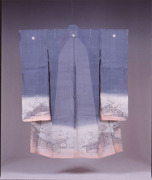 紅花染め衣装（揚柳上布地籬ニ春花模様藍墨ト紅ノ曙染単大振袖）